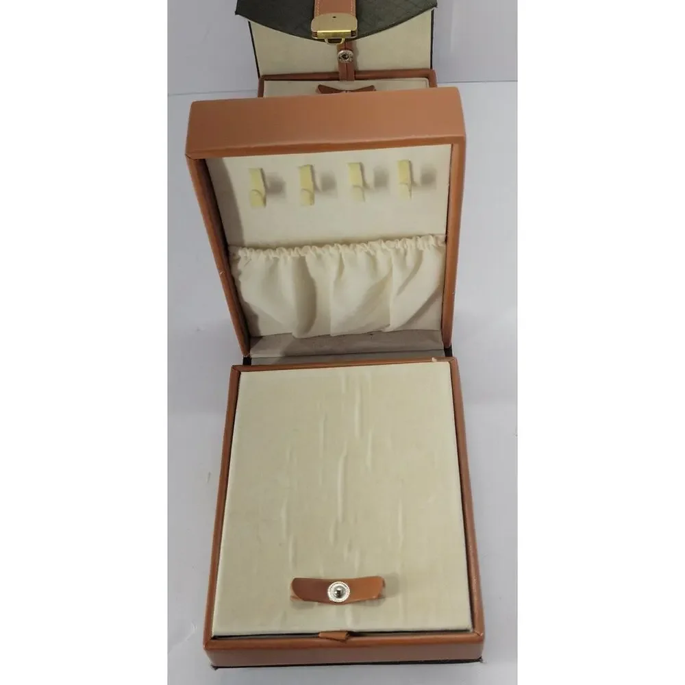Vintage Travel Jewelry Case Organizer Green & Tan Folding Portable Storage Box
